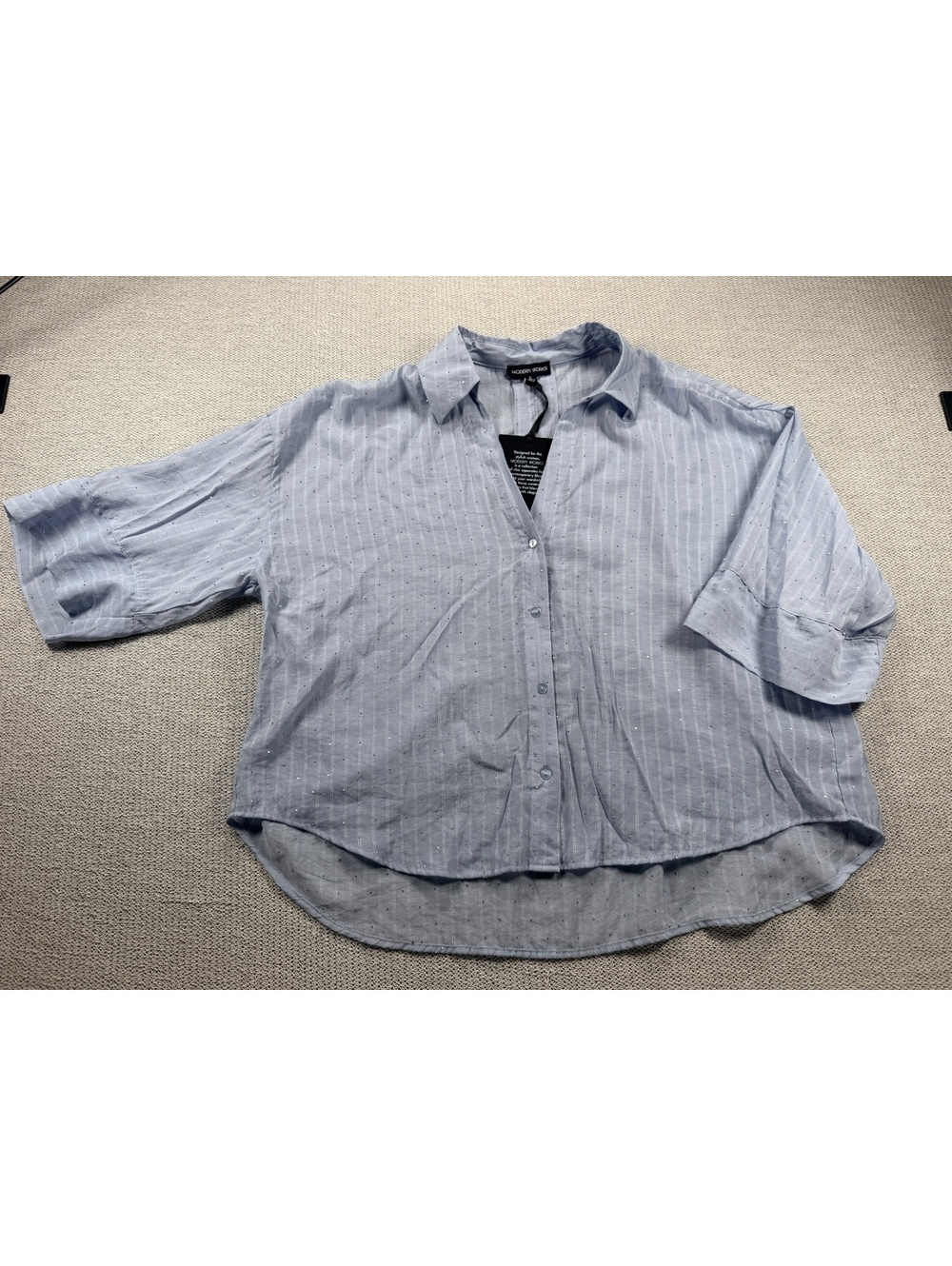 Modern Works Light Blue Button-Up Blouse with Metallic Stripes
